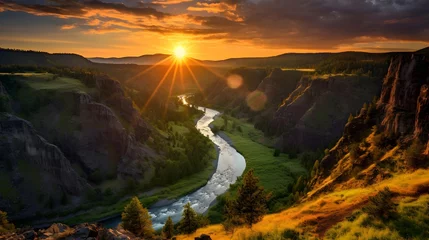 Foto op Plexiglas Panoramic view of the river flowing through the mountains at sunset © Iman
