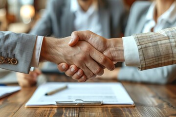 Handshake seals business deal with contract on office desk - obrazy, fototapety, plakaty