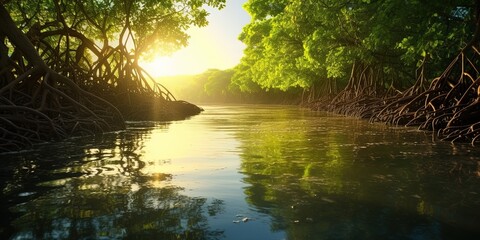 Obraz premium Green mangrove forest with morning sunlight. Mangrove ecosystem. Natural carbon sinks. Mangroves capture CO2 from the atmosphere. Blue carbon ecosystems