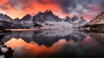 Zelfklevend Fotobehang Panoramic view of snowy mountain range reflecting in water at sunset © Iman