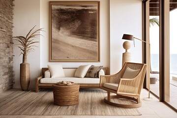Coastal Villa Elegance: Earth-Toned Textiles, Rattan Chair, and Abstract Art
