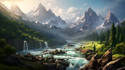 Panoramic view of the waterfall in the mountains at dawn. - obrazy, fototapety, plakaty