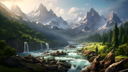 Foto op Canvas Panoramic view of the waterfall in the mountains at dawn. © Iman