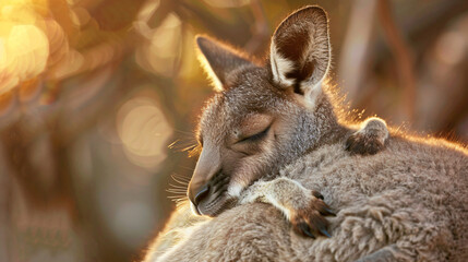 A sleepy baby kangaroo snuggled up in its mothers - obrazy, fototapety, plakaty