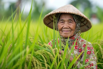 an Indonesian female old farmer working in her rice field