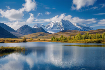 A serene lake reflecting snow-capped mountains and a clear sky, surrounded by autumn trees.