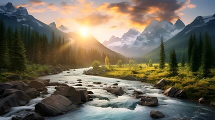 Panoramic view of a mountain river in the Canadian Rockies.