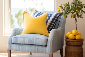 Mediterranean Coastal Room: Sunny Yellow Armchair and Blue Vase Decor