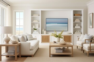 Fototapeta na wymiar Smart Coastal Haven: White-Walled Room with Life-Simplifying Furniture Gadgets