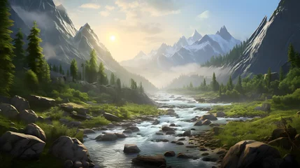  Panoramic view of the mountain river in the morning mist. © Iman