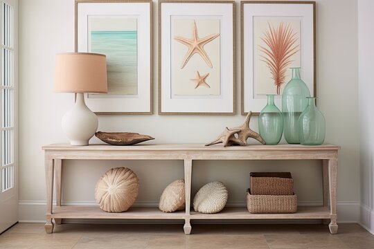 Nautical Vintage Chic: Coastal Hallway Featuring Seashell Accents and Classic Console Tables