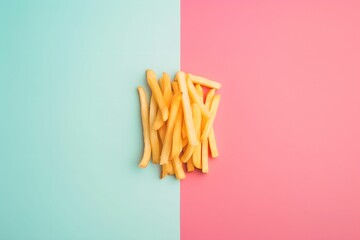 Fries on Pastel Background, simplicity, beloved snack, minimalistic arrangement, classic fast-food - obrazy, fototapety, plakaty
