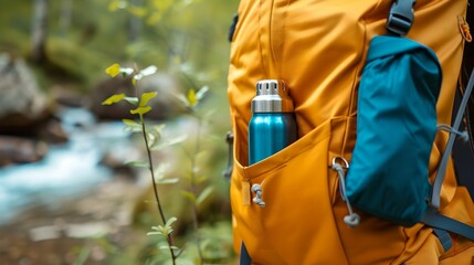 Water Bottle in Backpack Side Pocket, on-the-go hydration, portability, accessibility, convenience - obrazy, fototapety, plakaty