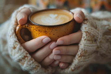 Poster Hands Holding Warm Mug, morning, ritual, coffee, closeup © asura