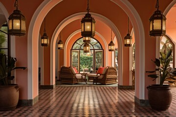 Fototapeta na wymiar Colorful Lantern Lighting and Terracotta Flooring in a Chic Villa with Arch Details
