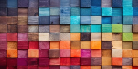 Spectrum of colorful wooden blocks aligned on a rustic old wood table. Japanese Color set. Background or cover for something creative, diverse, and in multiple variations.