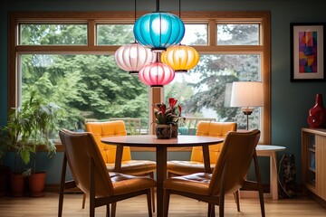 Colorful Lantern Lighting: Mid-Century Dining Room, Round Table & Leather Chairs