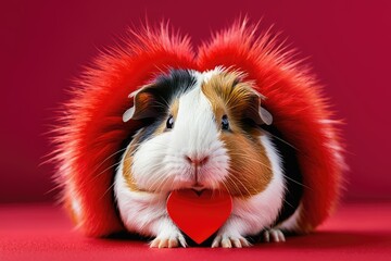 Cute guinea pig embraces a crimson heart, focus on dense fur texture, vibrant contrast with the red background, ideal for a Valentine's Day or wedding greeting card, high-key lighting