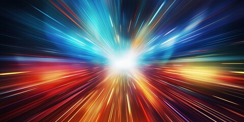 Ultra speed, beyond and progress concept background. attraction, attention, or bursting type, light speed color burst. Explosion or exploding fine strands of color rays - obrazy, fototapety, plakaty
