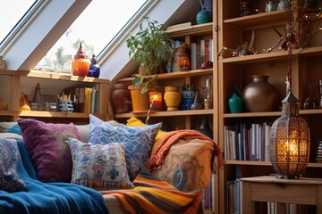 Colorful Lantern Lighting: Cozy Room with Fireplace, Textiles, and Wooden Shelving