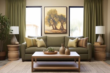 Fototapeta na wymiar Mediterranean Oasis: Comfortable Lounge with Olive Drapes and Wooden Coffee Table