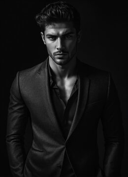 Photo of male model Gonçalo Teixeira, black and white, realistic, portrait, not painted, very detailed faces, skin with pores, 4k, dark suit, black plain background, skin not smoothed, face from left 