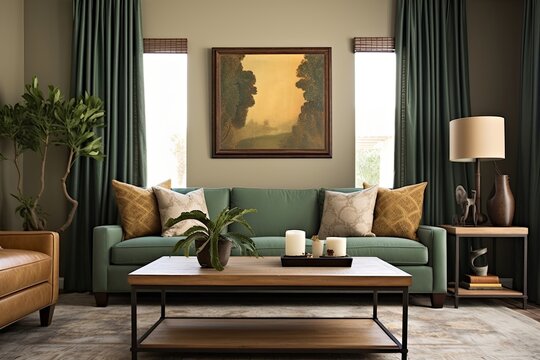 Mediterranean-Inspired Comfortable Lounge: Olive Drapes & Wooden Coffee Table Exuding Warmth