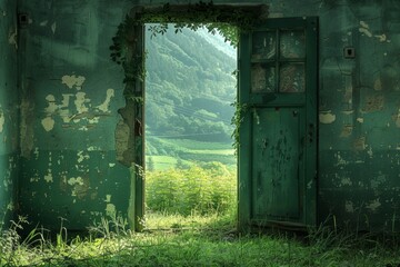 Open Door in Green Landscape