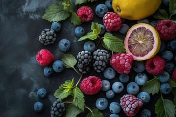 Assorted fresh berries and a lemon slice on a dark background, showcasing natural vibrancy.