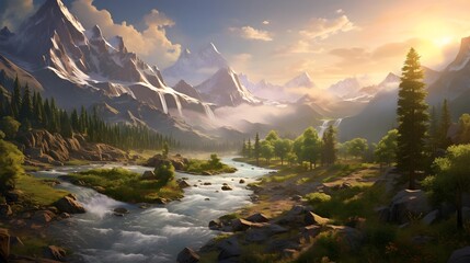 Mountain landscape with river and forest. Panoramic view.