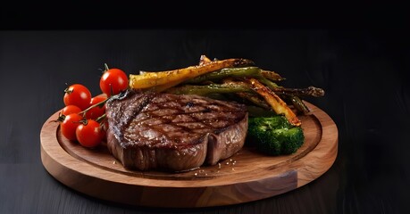 Grilled Filet Mignon Served on Wooden Board With Fresh Vegetables