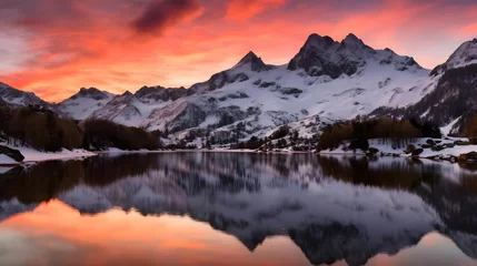Fototapeten Panoramic view of snowy mountains reflected in a lake at sunset © Iman