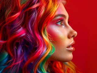 Rainbow Hair Girl on Red Background