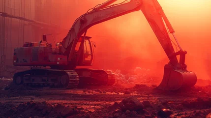 Photo sur Plexiglas Bordeaux Excavator in Construction Site with Red Background