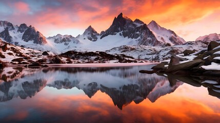 Panoramic view of snow capped mountains reflected in lake at sunset - obrazy, fototapety, plakaty