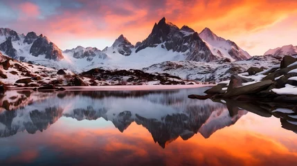 Behang Tatra Panoramic view of snow capped mountains reflected in lake at sunset