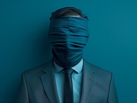Businessman with Covered Face on Blue Background