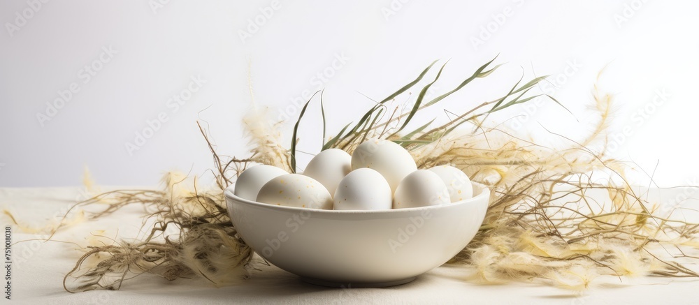 Poster a white bowl filled with white eggs is placed on top of a table. the eggs are neatly arranged inside