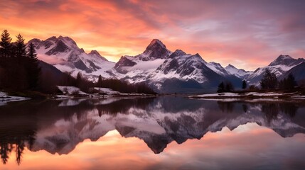 Panoramic view of snow capped alpine peaks reflected in lake at sunset