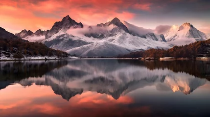 Poster Panoramic view of snow capped mountain range reflected in lake. © Iman