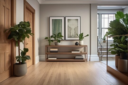 Contemporary Brownstone Entryway Design with Laminate Flooring and Green Plant