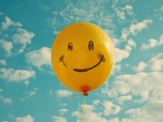 Yellow Smiley Balloon in Sky Background