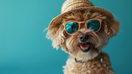 Dog with Summer Hat Vacation Vibe Blue Background