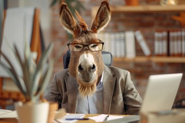 A donkey in a businessman costume in an office at the workplace. a boss in a company. A caricature. a joke. funny. travesty Wearing glasses