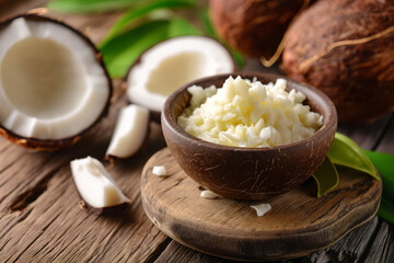 Coconut oil in a bowl with fresh coconuts on a wooden surface, showcasing natural products.