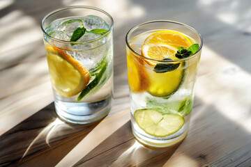 Two glasses of sparkling water with lemon and lime slices, garnished with mint, on a wooden table.