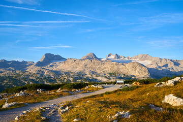 Panorama shot of the morning mood in the Austrian Alps	
