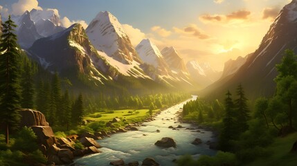 Panoramic view of the mountain river in the valley at sunset