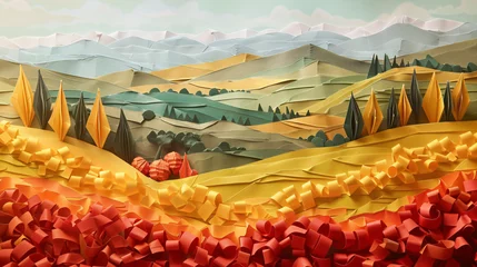 Foto auf Glas Autumn landscape in Tuscany origami paper sculpt © doly dol