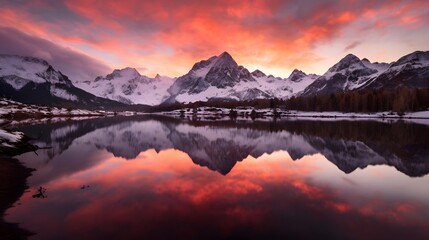 Panoramic view of snowy mountains and lake at sunset with reflection in water
